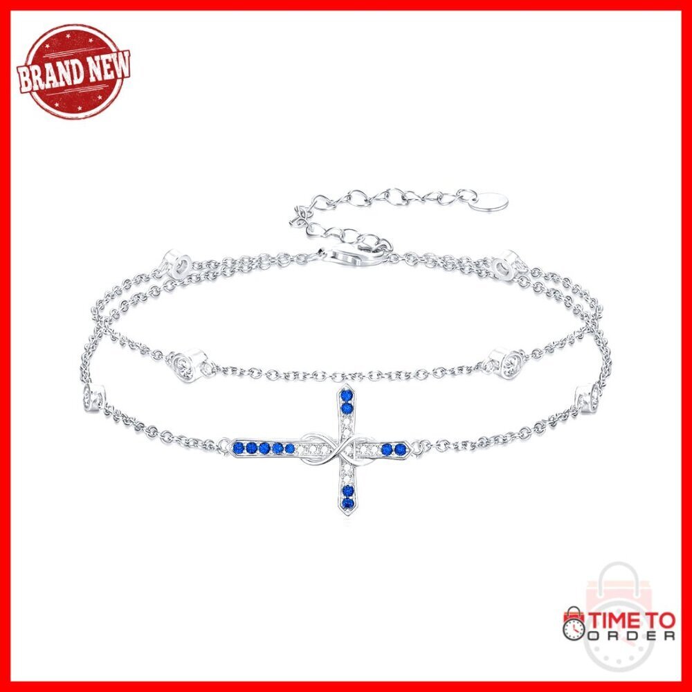 Sterling Silver Cross Birthstone Charm Bracelet 7"+2" Adjustable Chain